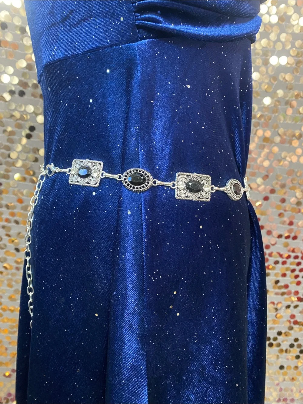 Silver tone and black chain belt #487